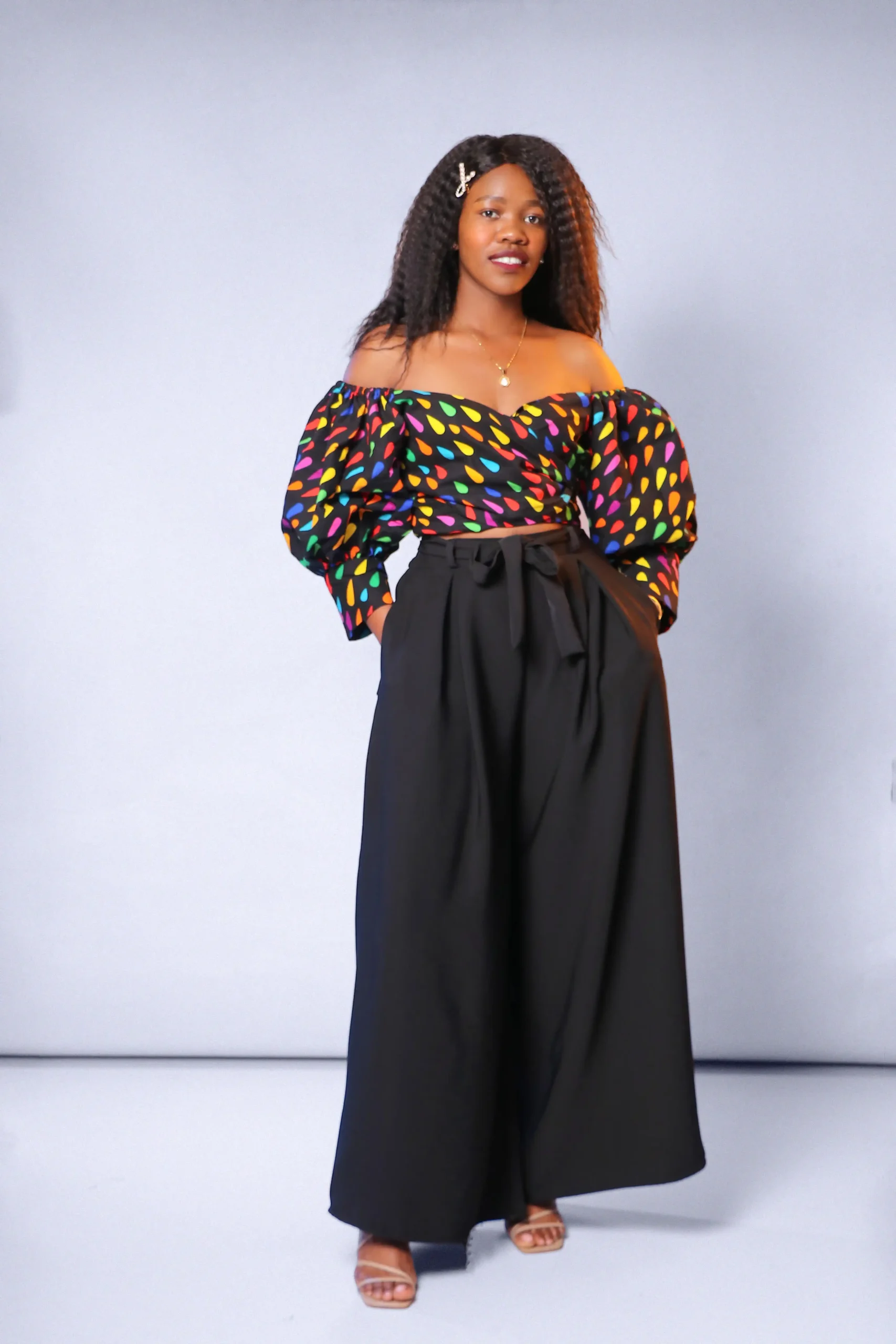 Paintdrop Pant Set - African Print Black Wide leg High Waist